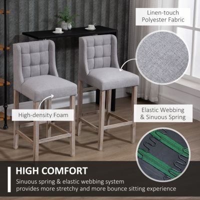 AOSOM BUSINESS Modern Bar Stools, Tufted Upholstered Barstools, Pub Chairs with Back, Rubber Wood Legs for Kitchen, Dinning Room, Set of 2, Grey