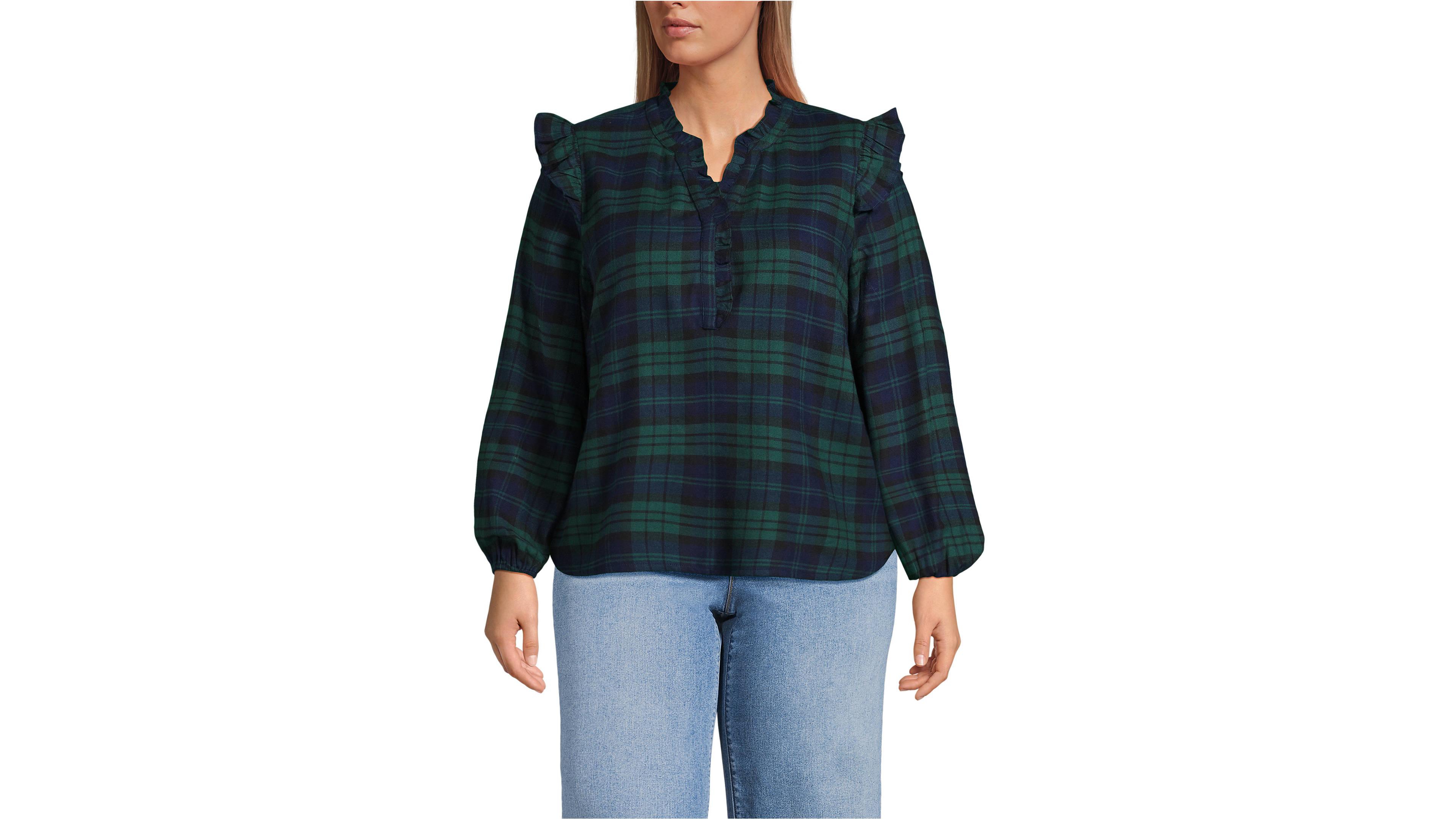 Lands' End Women's Plus Ruffle Front Flannel Popover Blouse