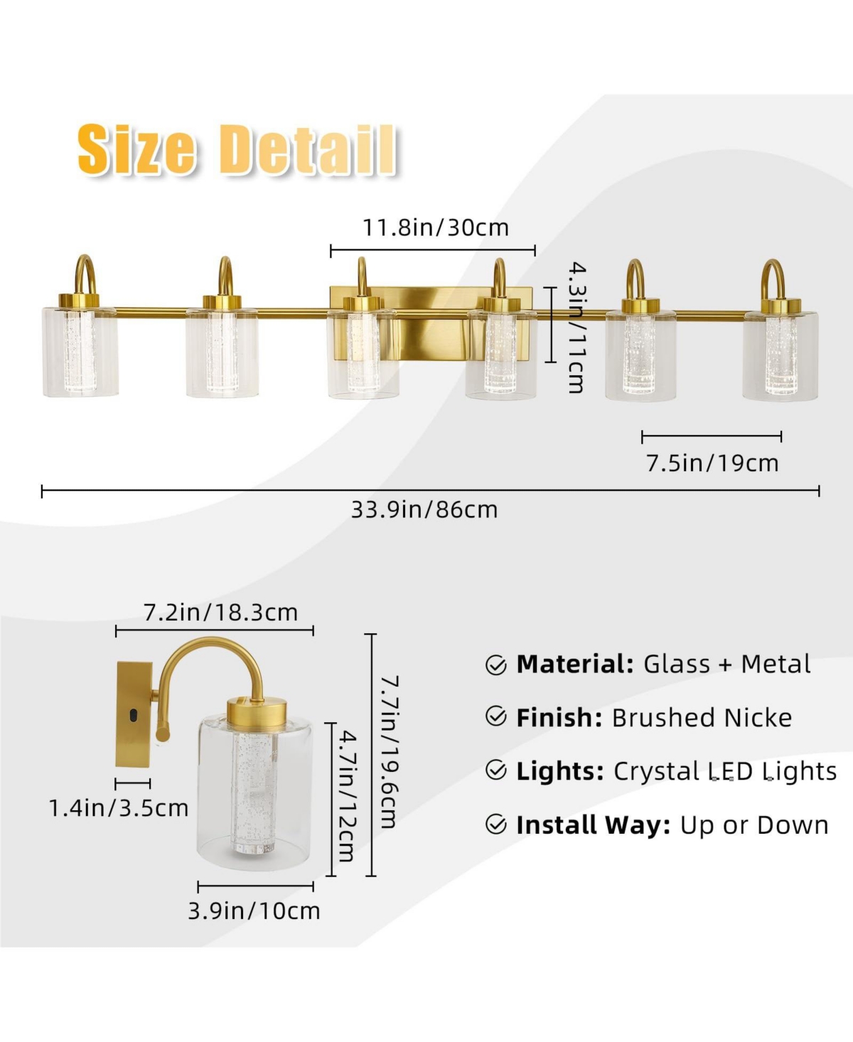 gaomon 6 Light BrushedBathroom Light Fixtures, Vanity Lights Crystal Bubble Glass Dimmable 3 Color Temperatures Modern Bathroom Wall Sconce for