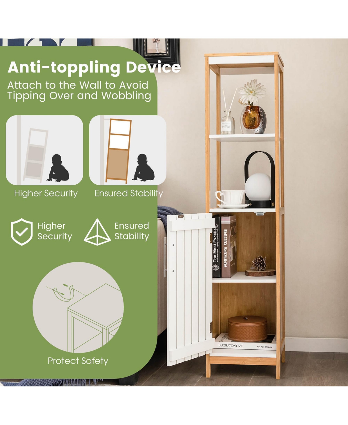Gymax Tall Bathroom Floor Cabinet Bamboo Bathroom Storage w/Adjustable Shelf &Cupboard - White + natural