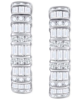 Diamond Round & Baguette Hoop Earrings (1 ct. t.w.) in 10k White Gold