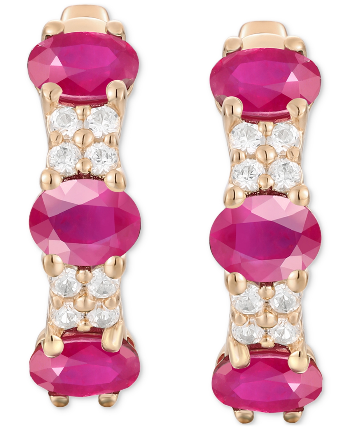 Ruby (1-1/3 ct. t.w.) & Diamond (1/6 ct. t.w.) Oval Small Hoop Earrings 14K Gold, (Also available in Emerald & Sapphire) - 14K Gold