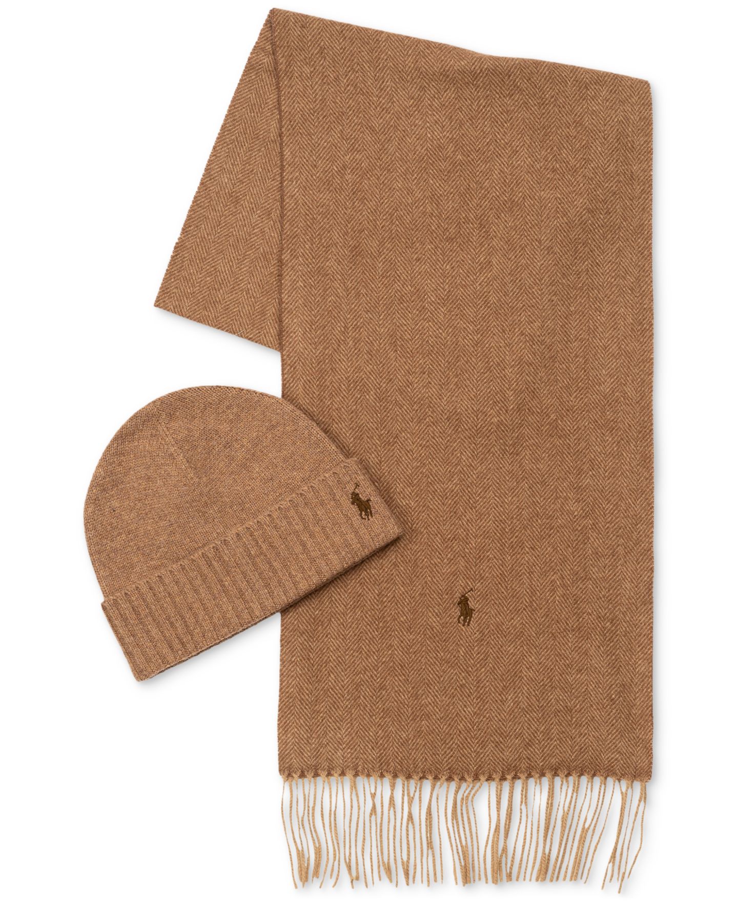 Мужские комплекты Polo Ralph Lauren Beanie Hat and Scarf, 2-Piece Set, цвет: Коричневый — фото 1