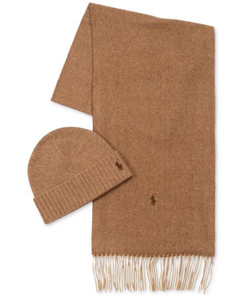 Мужские комплекты Polo Ralph Lauren Beanie Hat and Scarf, 2-Piece Set, цвет: Коричневый