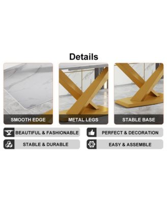 Table and chair set, The table is equipped with a marble patterned MDF tabletop and gold table legs.The chair is equipped with PU synthetic leather high back cushion and gold coated metal legs.