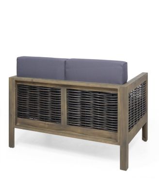 Outdoor Acacia Wood And Wicker Loveseat And Coffee Table Set With Cushions, Gray + Mixed Gray + Dark Gray