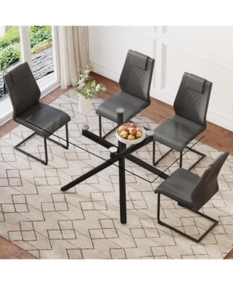 Table and chair set.Modern Rectangular Glass Dining Table with 0.39" tempered Glass Tabletop and Black Metal Legs.Paired with multiple chairs designed with PU cushions and black metal legs.