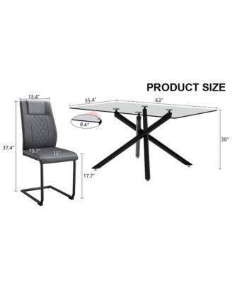 Table and chair set.Modern Rectangular Glass Dining Table with 0.39" tempered Glass Tabletop and Black Metal Legs.Paired with multiple chairs designed with PU cushions and black metal legs.