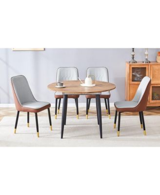 Table and chair set.Modern Extendable Wood MDF Dining Table.The table has a telescopic design, suitable for gatherings of different size.Paired with 6 chairs with PU cushions and black metal legs.
