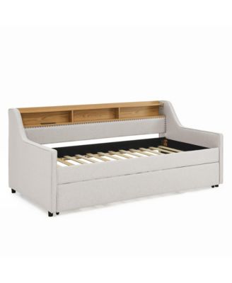 Twin Size Upholstery Sofa Bed with Three LED lights, with Storage Adjustable Headboard, with Foldable Leg Pull up Trundle Bed and Wireless Charging, Linen Padded Sofa Bed frame, Beige