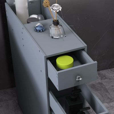 Bathroom Floor Organizer Free Standing Space Saving Narrow Storage Cabinet Bath Toilet Paper Holder with Drawers, Gray