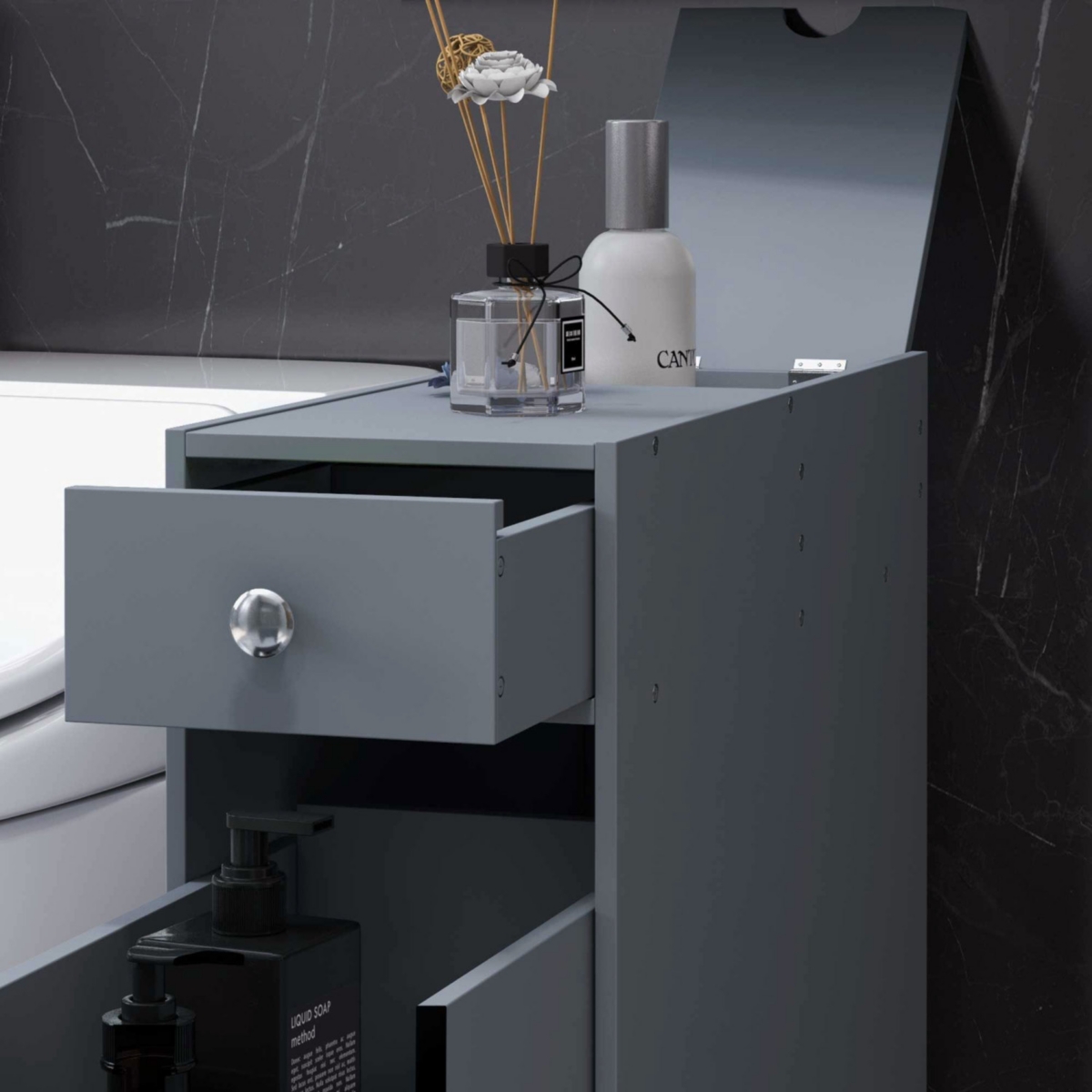 Bathroom Floor Organizer Free Standing Space Saving Narrow Storage Cabinet Bath Toilet Paper Holder with Drawers, Gray