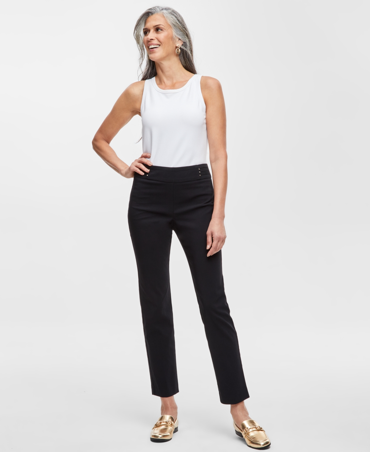 Jm Collection Women's Studded-Rivet Pull-On Pants - Deep Black