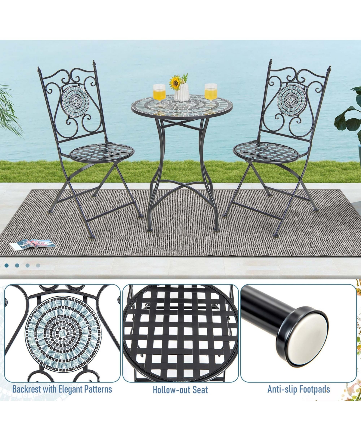 Costway Set of 2 Mosaic Chairs for Patio with Decorative Backrest Heavy-Duty Frame