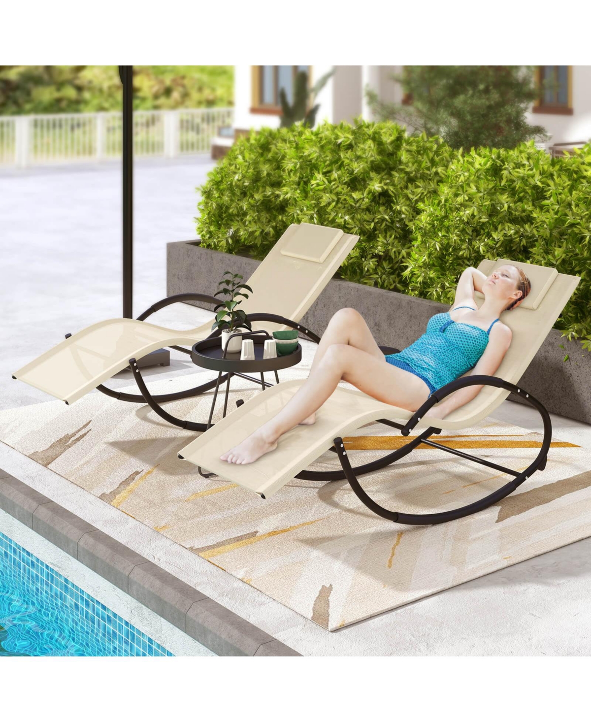 Pcs Outdoor Rocking Lounge Chair with Removable Headrest Breathable Backrest & Seat