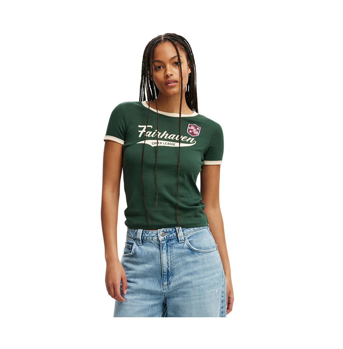 Cotton On Women's Fitted Graphic Longline Tee -/pine forest green