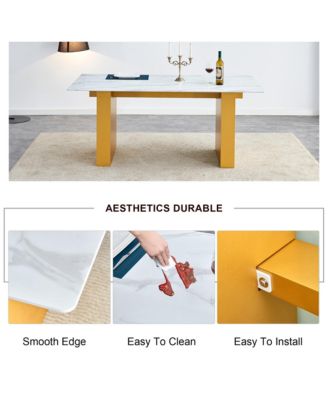 Simplie Fun Table and chair set.Large modern rectangular table with 0.4 inch patterned glass tabletop and large MDF table legs.Comes with 6 chairs with faux leather cushioned seats and golden metal legs