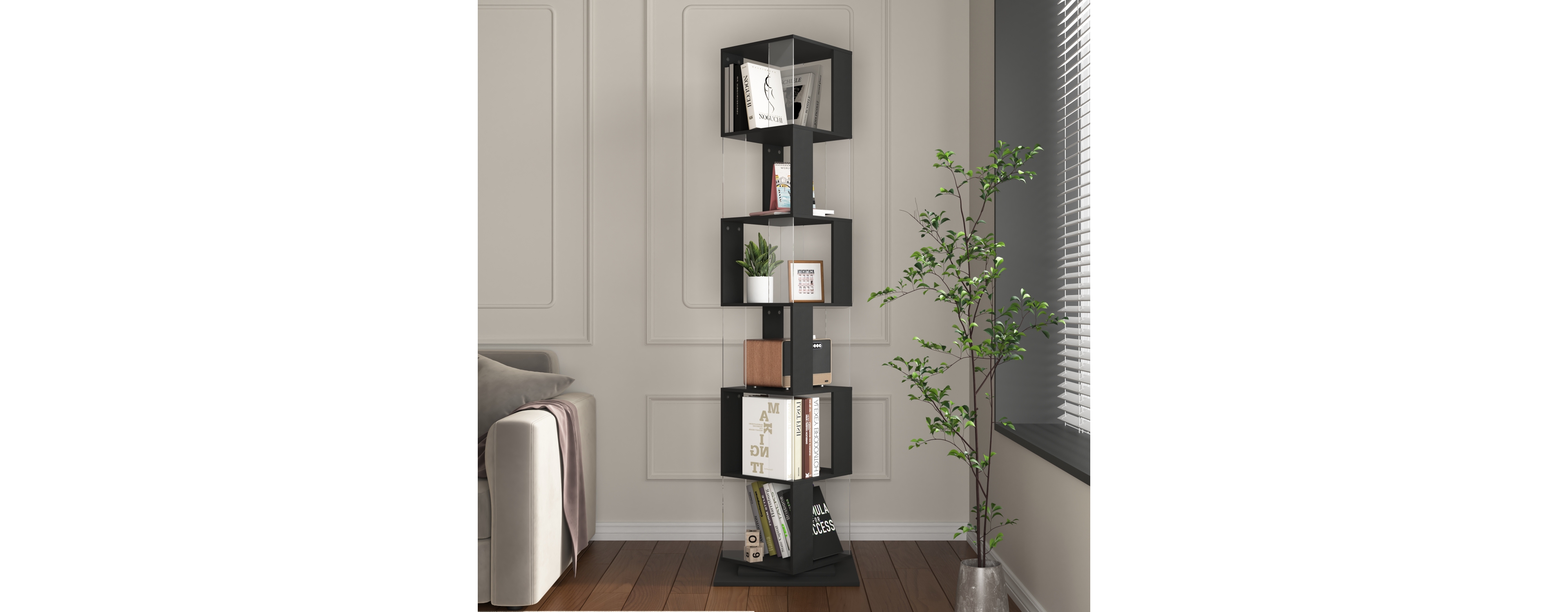 Streamdale Furniture 6 tier Rotating Bookshelf, Floor Rack Simple Bookcase with Acrylic plate Student Multi-Function Creative Bookshelf for Living Roo
