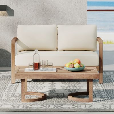 2 - Person Outdoor Acacia Wood Patio Seating Group With Cushions And Coffee Table For Porch, Garden, Backyard, Balcony, Brown Wash, Beige Cushion