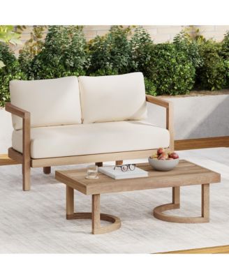 2 - Person Outdoor Acacia Wood Patio Seating Group With Cushions And Coffee Table For Porch, Garden, Backyard, Balcony, Brown Wash, Beige Cushion