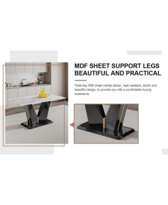 Table and chair set, white imitation marble texture glass tabletop, black MDF table legs, stable and beautiful. Modern simple dining table, comfortable seating.