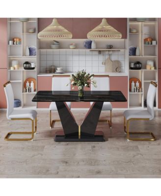 Table and chair set, Modern minimalist rectangular dining table, 0.4 inch thick, with a black imitation marble pattern glass desktop and black MDF legs. Comfortable PU seats, perfect for dinner, meet