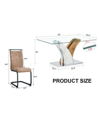 Table and chair set.Modern dining table, tempered glass countertop with artistic MDF legs.Paired with 6 comfortable chairs with PU seats and metal legs. Suitable for various decoration styles.