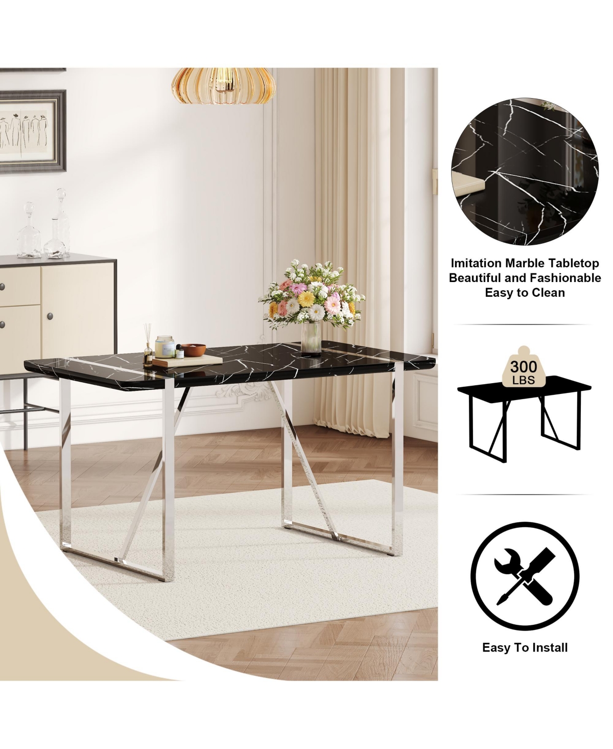 Streamdale Furniture Table and chair set.a rustic industrial rectangular Mdfdining table with Mdf desktop and electroplated silver metal legs.P