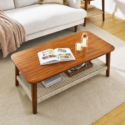 Mid-Century Boho Rattan Coffee Table with Storage