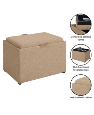22.75" Faux Linen Accent Storage Ottoman with Tray