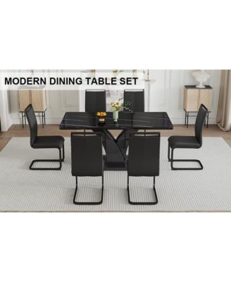 Table and chair set, modern dining table, black tabletop and black MDF leg table, soft and comfortable dining chair, perfect for dinner, meetings, home and office decor