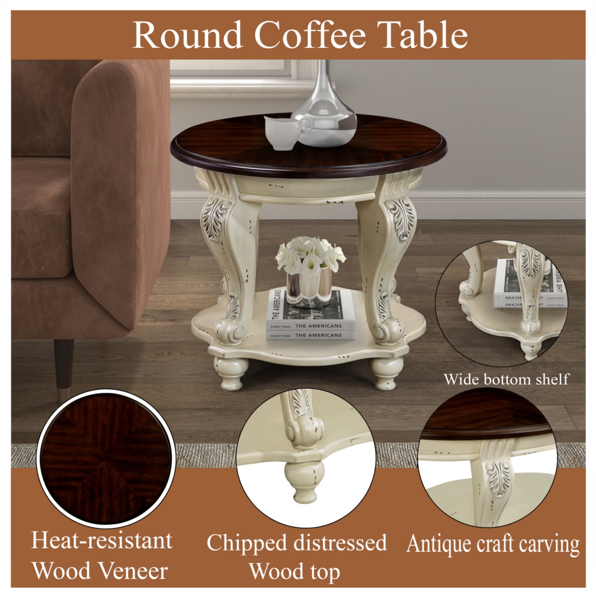 Streamdale Furniture 22" Two Tone Round End Table, Solid Wood Sofa Side Table with Shelf, Living Room Corner Table Easy Assemble, Beige and Espresso T