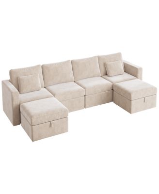 Modern Velvet Modular Sectional Sofa, U Shape Convertible Sofa Set with Pillows, Oversized Sectional Couches with Storage Ottomans for Living Room, Loft, Apartment, Office - White 6 seats