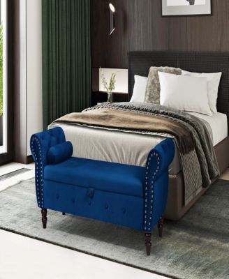 63-inch Storage Bench, modern velvet Ottoman, large capacity storage bench with armrest, suitable for living room, bedroom (H dark blue)