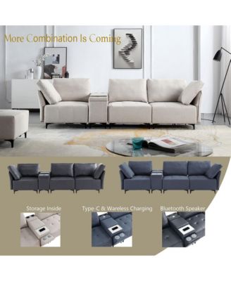 Modular Sectional Sofa, Multifunctional Couches for Living Room with Storage, mid console with speaker and storage,2 USB port and 1 type-C, wireless charging ceramic top, aluminum cup holder.