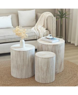Set of 3 Whitewash Wood Coffee Table with clear and visible tree rings
