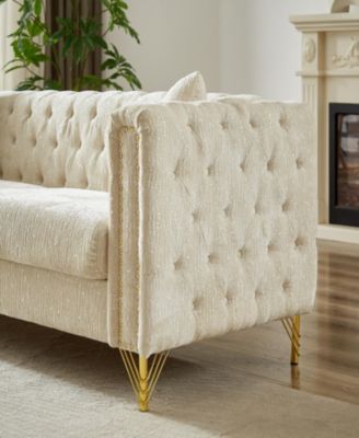 Chenille Pull Buckle Design Sofa for Living Room, Buttons Tufted With Copper Nail Decoration Armrest, Modern Couch Upholstered Button And Metal Legs