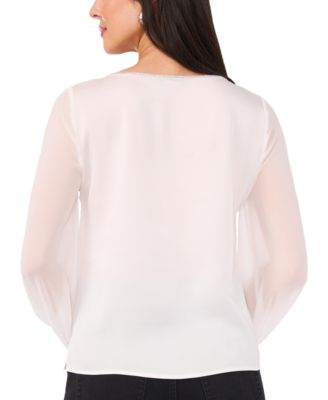 Women's Rhinestone-Trim Sheer-Sleeve Top