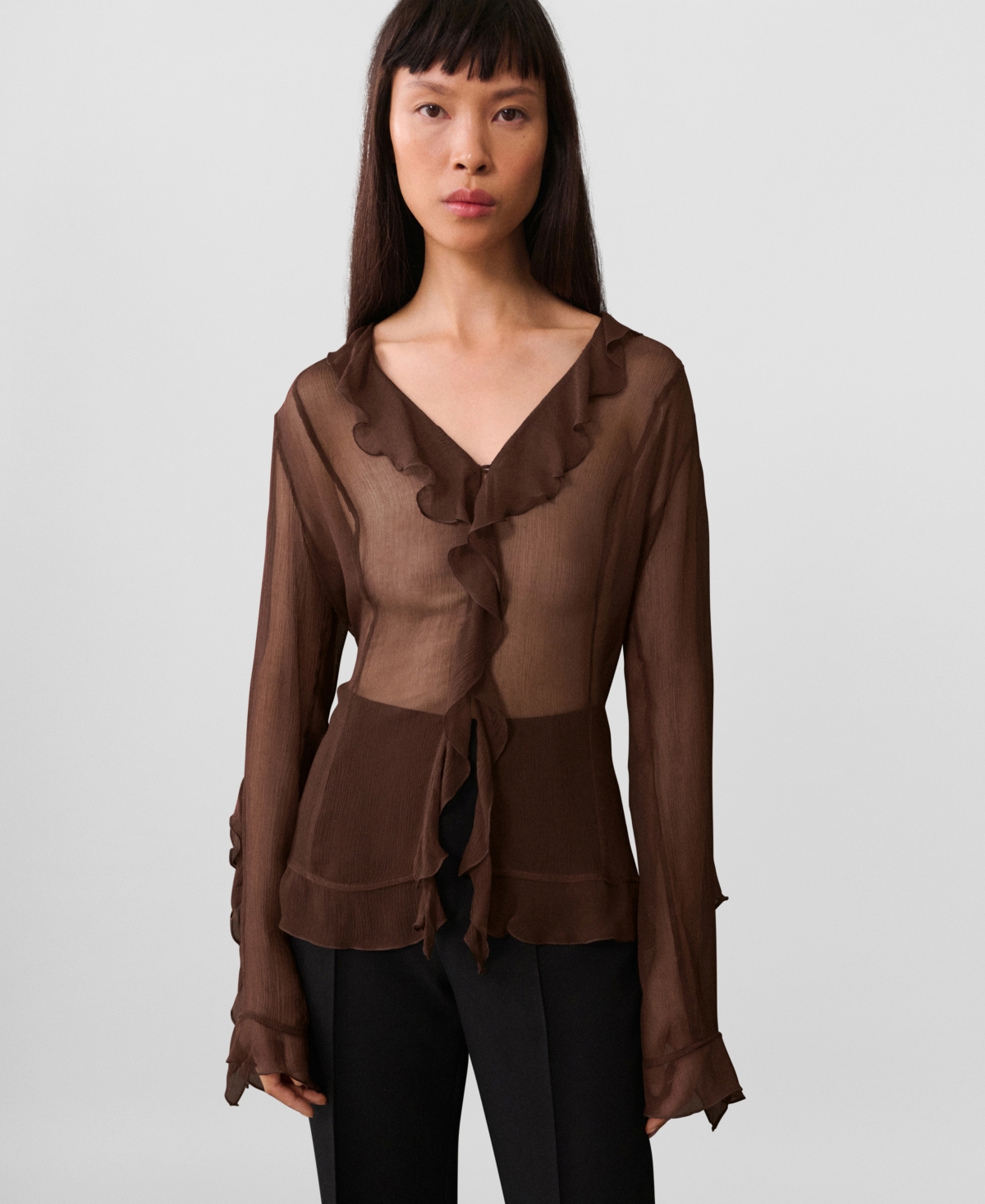 Mango Women's Sheer Ruffled Blouse In Brown