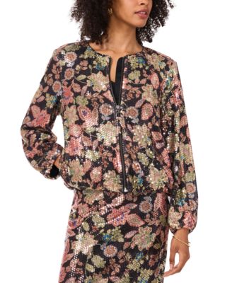 Vince Camuto - Women's Floral-Print Sequined Zip Jacket