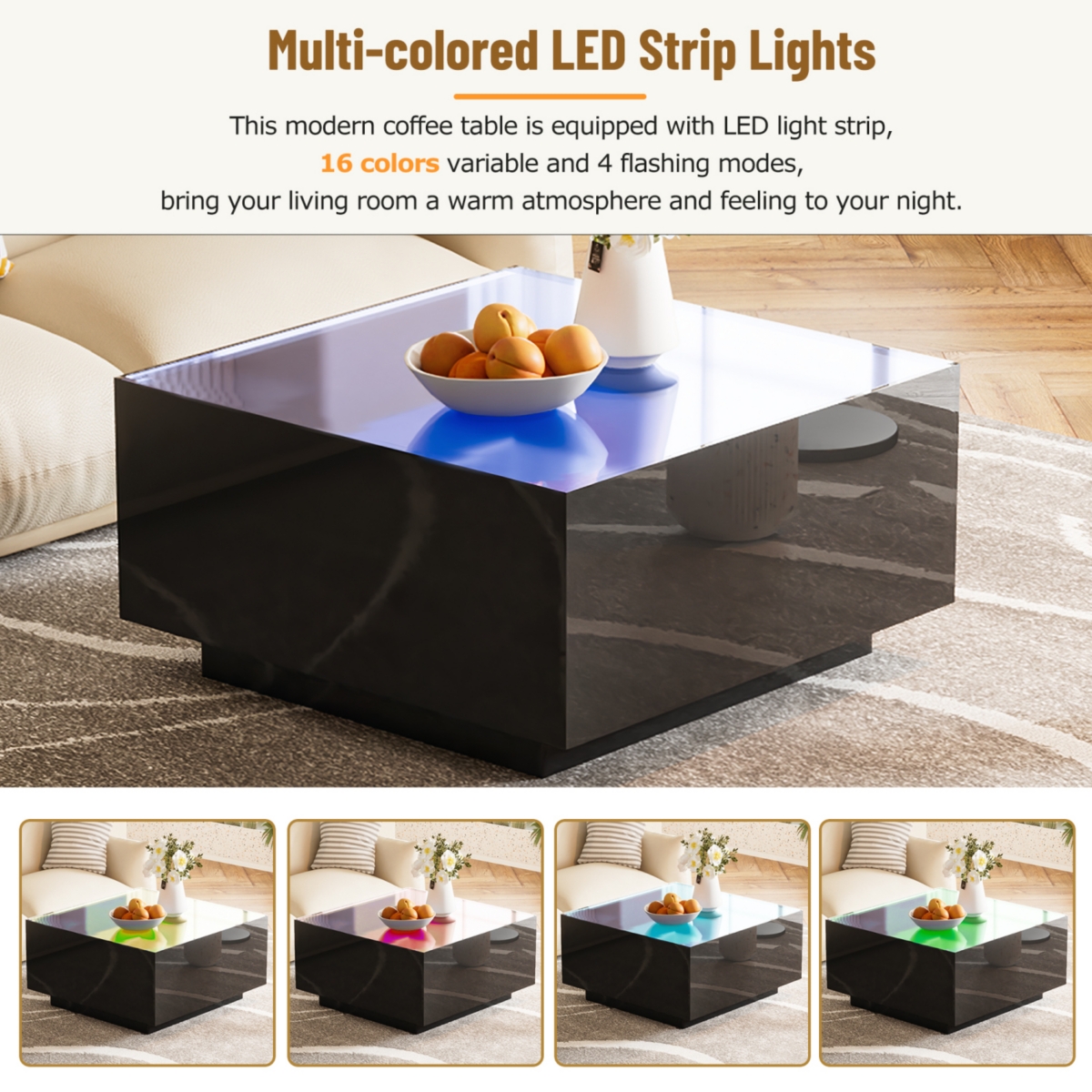 Streamdale Modern Led Coffee Table with Frosted Glass Top (Black, 27.5")