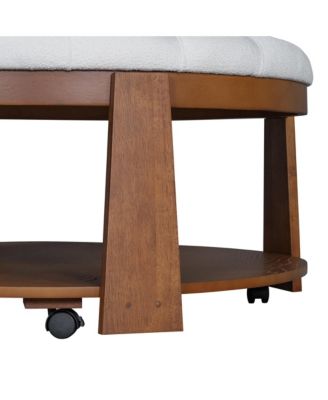 Modern Large Round Ottoman Coffee Table 2-Tier Oversized Button Tufted Ottoman with Wood Shelf Storage Upholstered Coffee Table for Living Room Footrest Ottoman with wheel, waterproof Linen