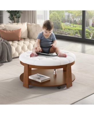 Modern Large Round Ottoman Coffee Table 2-Tier Oversized Button Tufted Ottoman with Wood Shelf Storage Upholstered Coffee Table for Living Room Footrest Ottoman with wheel, waterproof Linen