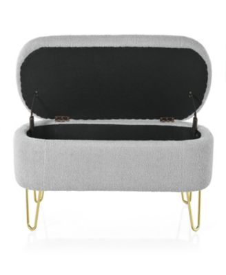 Oval Storage Bench for Living Room Bedroom End of Bed, Upholstered Storage Ottoman Entryway Bench With Metal Legs, Grey