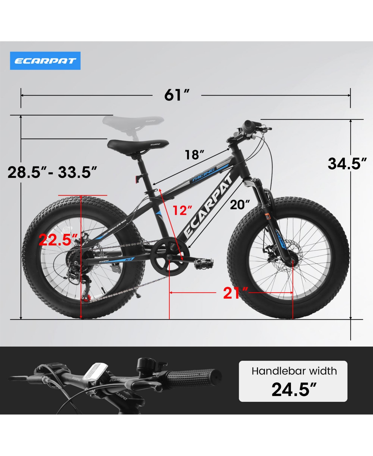 Streamdale Furniture 20 inch Fat Tire Bike Adult/Teen Full Shimano 7 Speed Mountain Bike, Dual Disc Brakes, High Carbon Steel Frame, Front Suspension