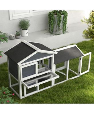 58" Rabbit Hutch, Wooden Bunny Hutch, Guinea Pig Cage, Small Animal Enclosure with Run Area, Removable Tray, Asphalt Roof, Lockable Doors and Ramp, Gray