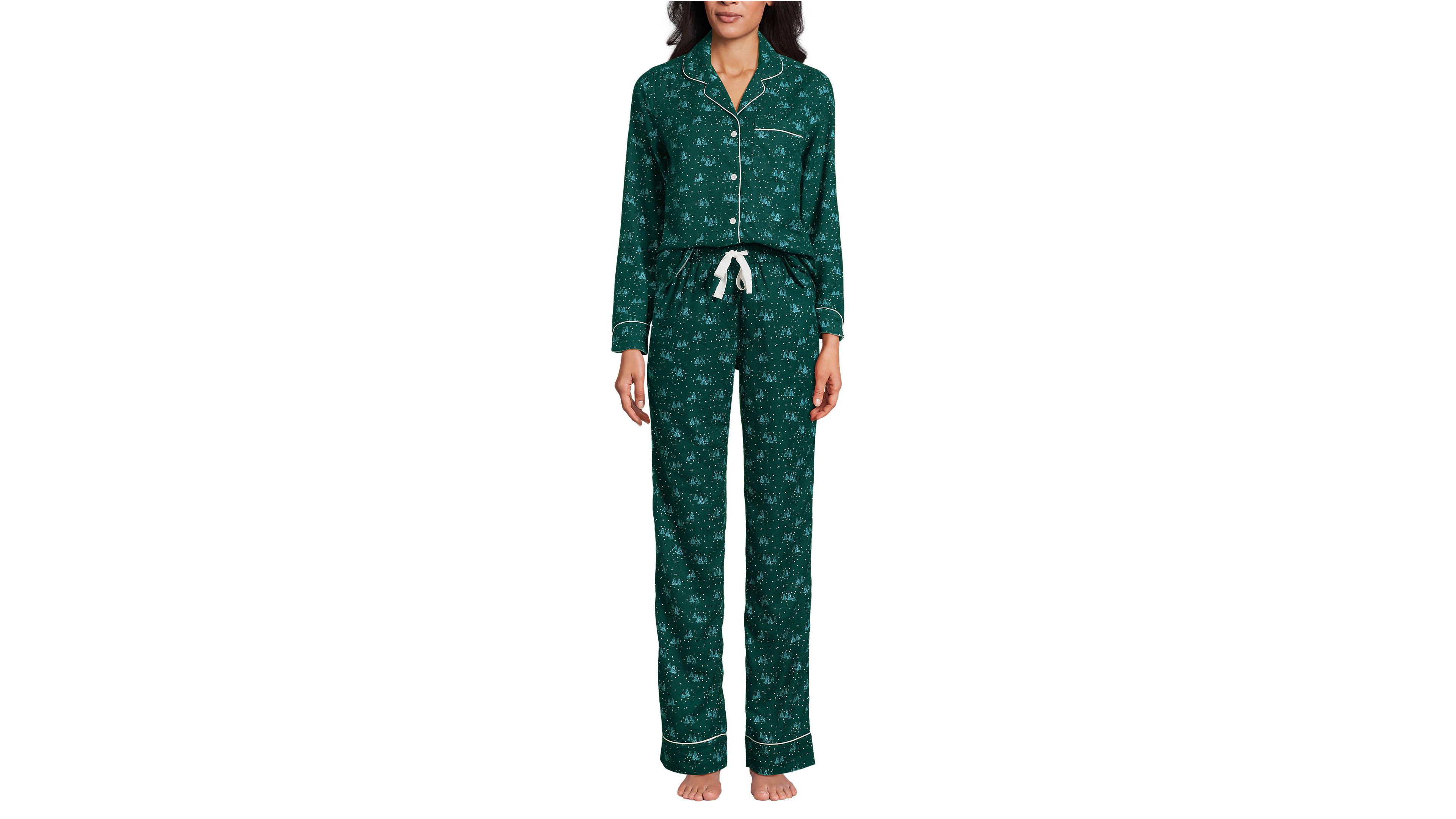 Lands' End Women's Drapey Flannel 4 Piece Pajama Set - Long Sleeve Top and Pants Robe Bag