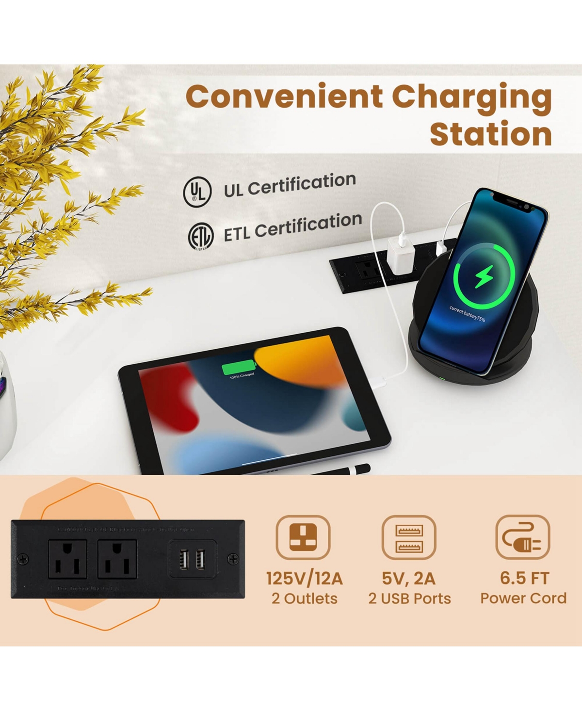 Costway 32" Meeting Room Desk Set of with Charging Station & Headphone Hook Metal Frame