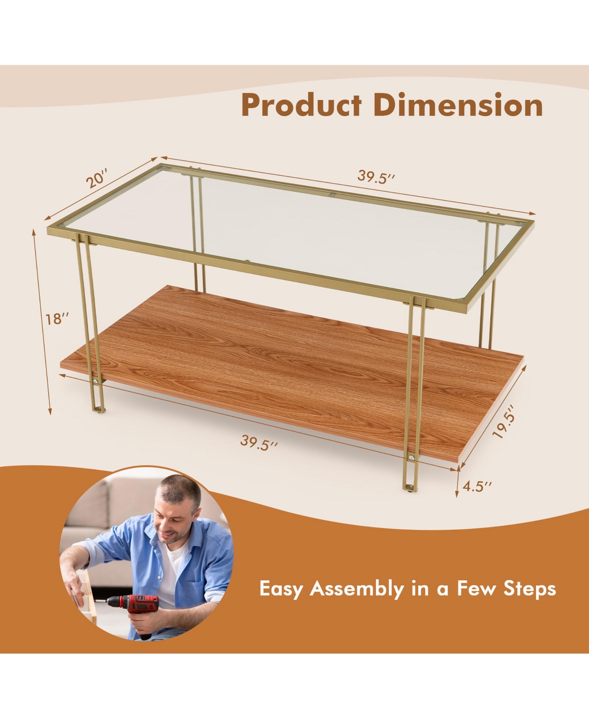 Gymax Coffee Table Rectangle Glass Top w/ Storage Shelf & Gold Steel Frame Living Room - Brown+gold