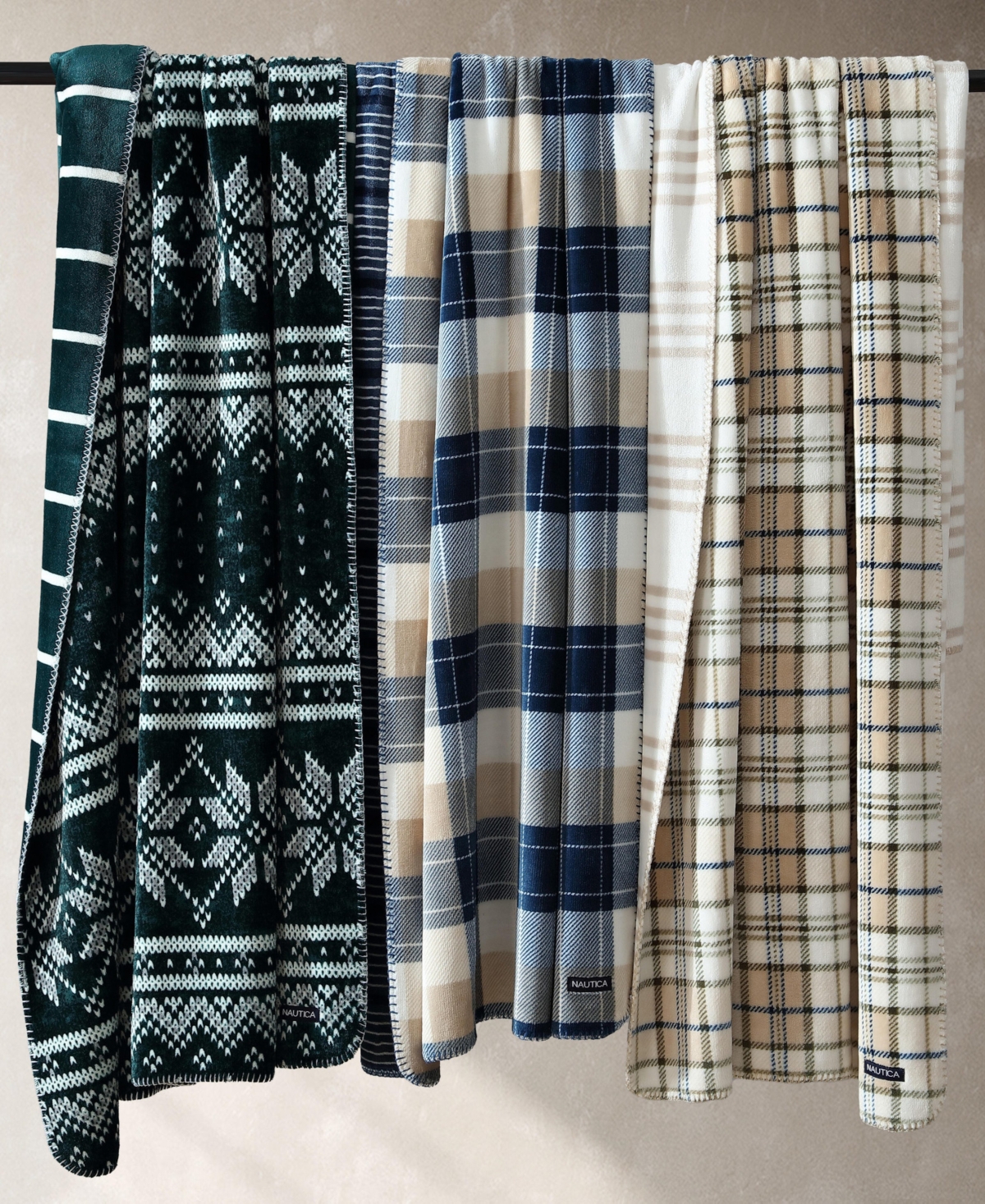 Nautica Brushed Flannel Throw, 70" X 50" In Green,ivory,grey